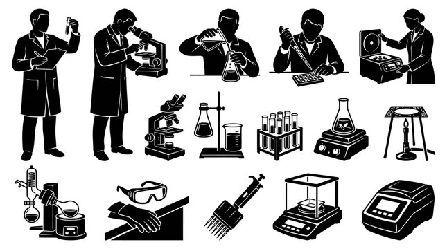 Science Laboratory Research Glyph Icons Set with Scientists and Lab Equipment Vector
