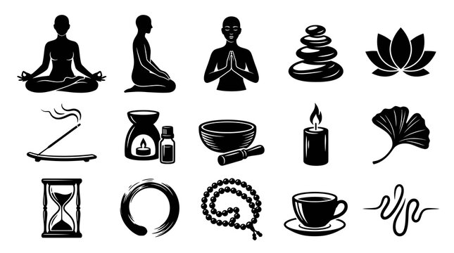 Holistic Wellness and Zen Meditation Icons: Black  White Glyph Vector Set