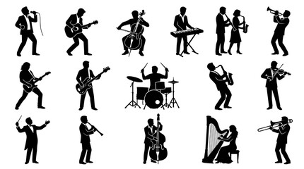 Fototapeta premium Black White Silhouettes of Musicians Playing Instruments - Music Industry Vector