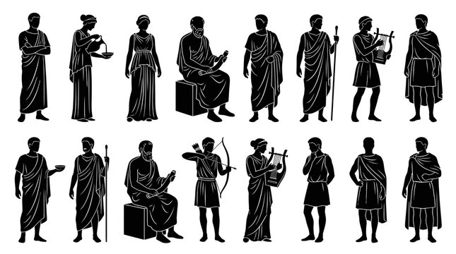 Ancient Greek Figures - Black  White Silhouette Vector Art