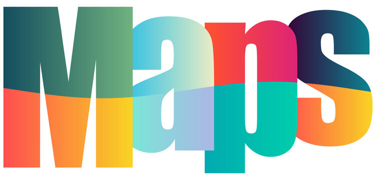 Colorful stylized text featuring maps with vibrant gradient letters