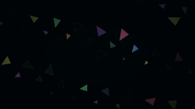 Vibrant, colorful geometric triangle shapes falling down on black screen loop