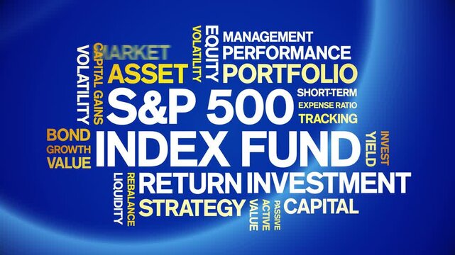 S&P 500 index fund animated word cloud-text design animation tag kinetic typography seamless loop.