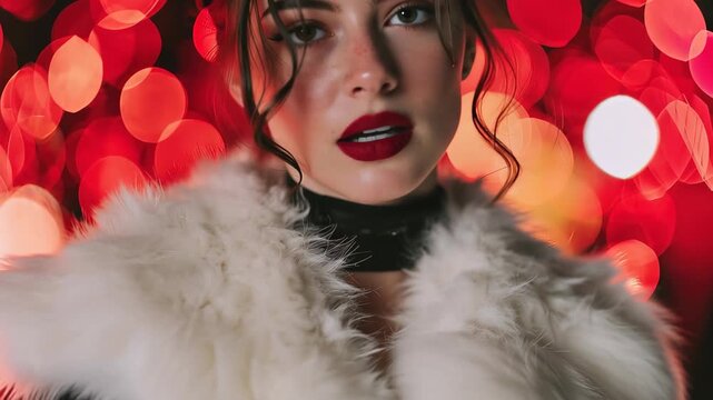 Woman in closeup wears red lipstick and a velvet choker while posing in front of colorful backlights at a social event in the evening