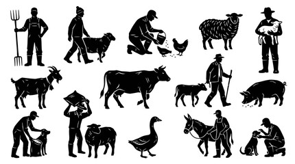 Fototapeta premium Black and White Farm Silhouettes: Farmers, Animals, and Rural Life