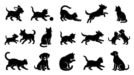 Naklejka premium Silhouette Animal Icons: Dogs and Cats Playing, Sitting, Jumping