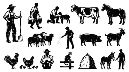 Fototapeta premium Farm Animals and Farmer Icons - Black and White Vector Art