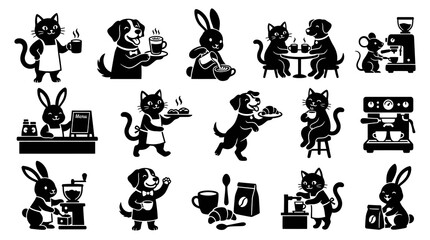 Naklejka premium Black White Coffee Shop Animals Glyph Illustrations. Cute Cafe Pets, Baristas Coffee Icons Set.