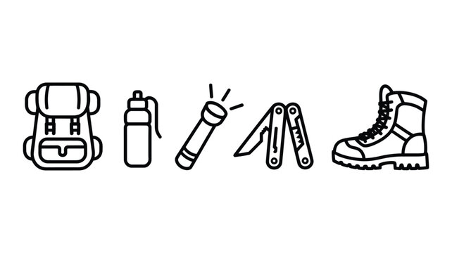 Hand drawn hiking and camping adventure icon set with backpack, water canteen, flashlight and hiking boots.