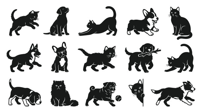 Pet Silhouettes Vector Set: Domestic Dogs, Cats, Puppies, and Kittens in Various Poses and Breeds