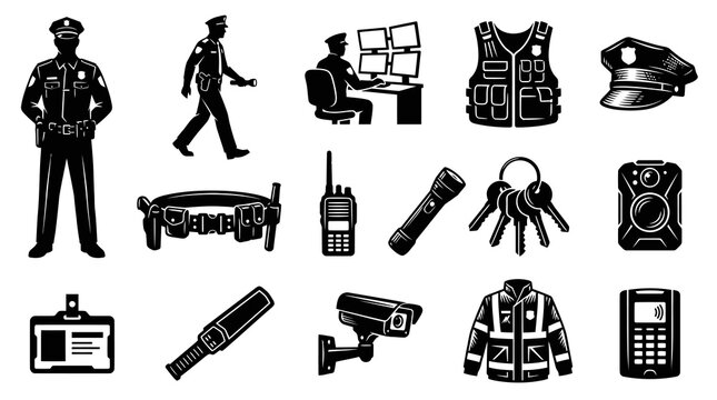 Security and Law Enforcement Icons Set - Black  White Glyphs of Officers, Uniforms  Surveillance Equipment