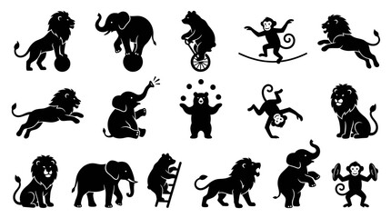 Naklejka premium Circus Animal Show Glyph Icons Set. Entertainment Industry Black and White Silhouette Vector Illustrations.