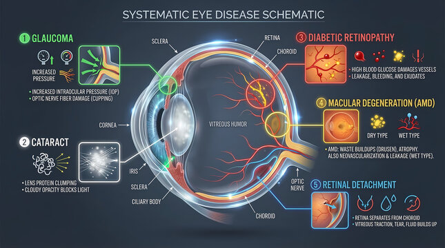 Comprehensive Systematic Medical Diagram of Common Human Eye Diseases and Vision Pathologies,