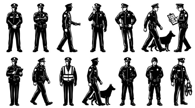 Black and White Police Officers Icons Vector Set