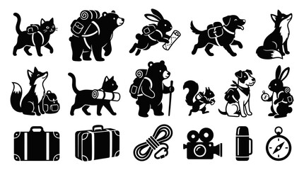 Obraz premium Black White Camping Animals and Gear Icons, Vector Illustration