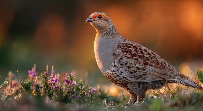 Grey Partridge Bird Standing in Field with Purple Flowers at Sunset.