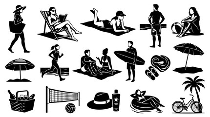 Obraz premium Black and white vector icons of people enjoying a summer beach vacation