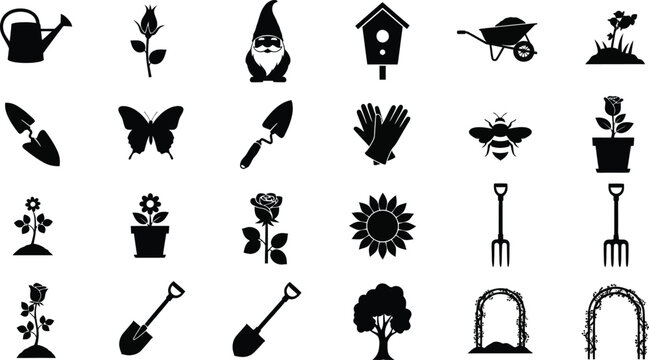 Black silhouettes of gardening tools, garden flowers, trees, insects, and accessories on white background