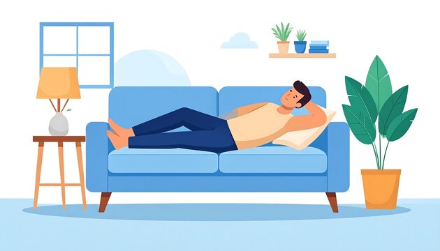 A person reclines on a blue couch in a cartoon living room setting. The scene includes a window, lamp, potted plants, and other details