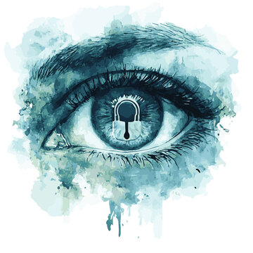 A captivating watercolor illustration of an eye featuring a lock, symbolizing privacy and security.