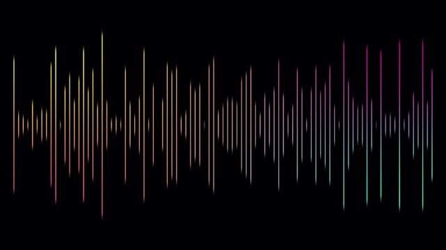 Line audio wave visualization- Gradient frequency animated lines on black background. Classic graphic sound equalizer motion. Podcast sound waves for online audio streaming. Music audio wave motion.