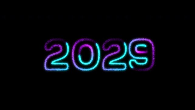 2029 Celebration Text Animation with Purple and Blue Sparkle Particle Glow on Black Background