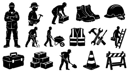 Obraz premium Construction Industry Workers, Tools, and Equipment Silhouette Glyph Icon Set - Black White Vector