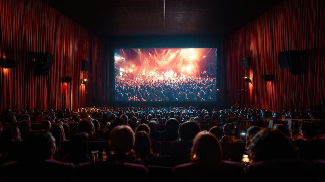 Audience watches epic movie on large screen in dark cinema theater.