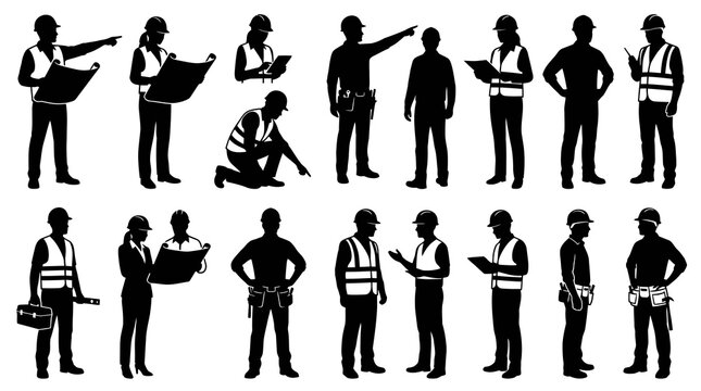Construction Workers and Engineers Silhouettes Vector Set. Diverse Architects, Builders and Contractors Poses.