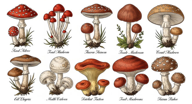 Collection of Various Mushroom Species Illustration.