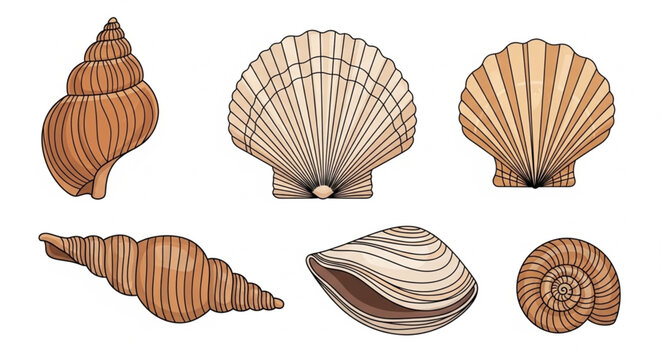 Collection of various seashells and marine mollusk shells.