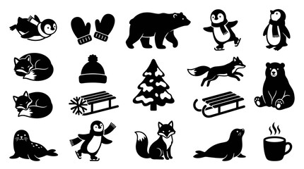 Fototapeta premium Winter Animals and Objects Icon Set - Black and White Vector Illustration