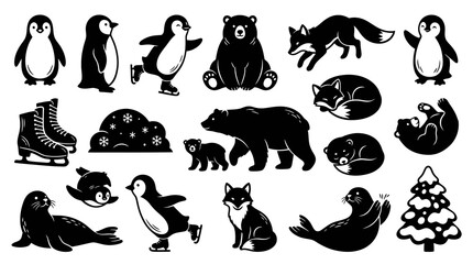 Obraz premium Winter Animals Arctic Wildlife Black and White Glyph Icon Set - Penguins, Bears, Foxes, Seals, Snow Ice Skates