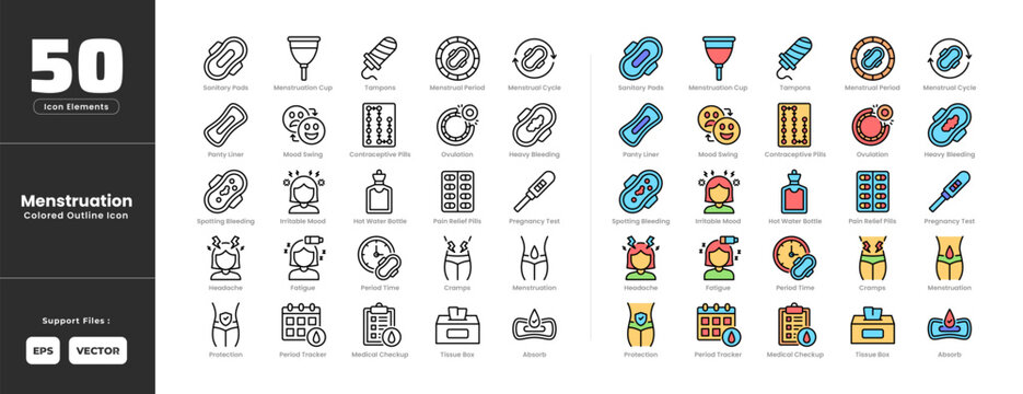 Menstruation Icon Set Collection Colored Outline or Line Art Style. Including Pregnancy, Test, Absorb, Contraceptive, Pills, Cramps, Fatigue, Headache, Bleeding, Hot, Water, Bottle, Irritable, Mood.