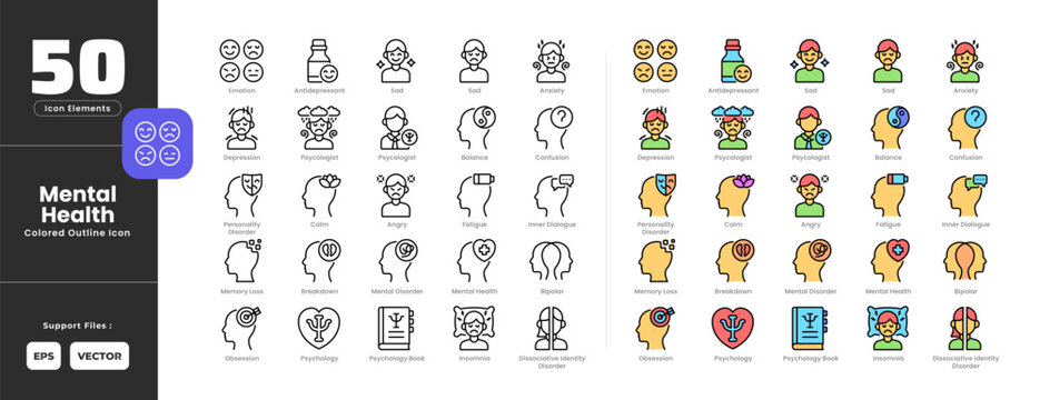 Mental Health Disorder Icon Set Collection Colored Outline or Line Art Style. Including Angry, Antidepressant, Anxiety, Balance, Bipolar, Breakdown, Calm, Confusion, Depression, Dissociative, Emotion.