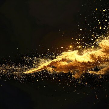 An ethereal abstract composition features a swirling, glowing form of golden particles against a deep, contrasting black backdrop. Sparkles emanate