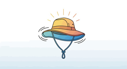 Sun hat with chin strap, cartoon style, bright sun rays, summer protection, outdoor activity