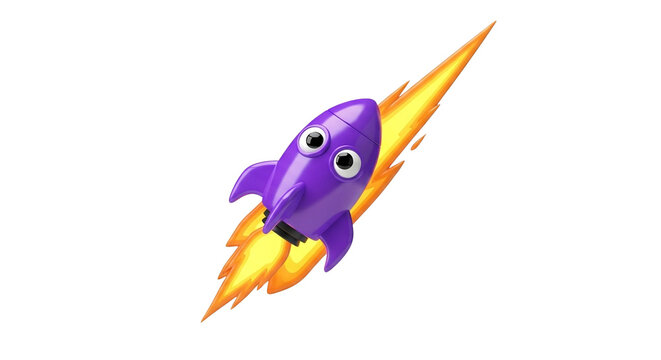 A cute cartoon purple rocket ship with expressive eyes launching into space on transparent background