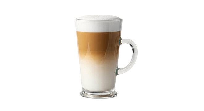 A clear image of a glass mug filled with a layered latte drink on transparent background