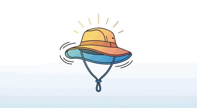 Sun hat with chin strap, cartoon style, bright sun rays, summer protection, outdoor activity