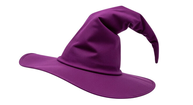 A purple wizard hat with a tall, pointed tip resting on a transparent background for fantasy costume or decoration purposes on transparent background