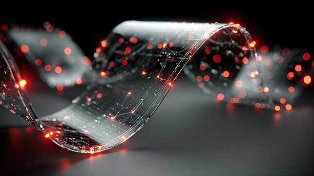 Abstract 3D rendering of a flexible biolayer patch with internal glowing red light representing the real-time detection of allergens in the environment for the protection of sensitive users