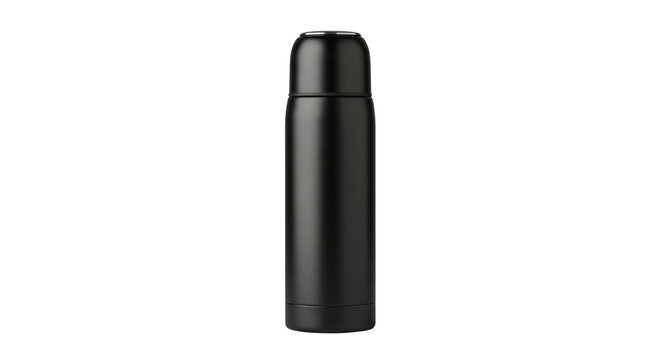 A sleek black thermos bottle standing upright on transparent background for hot or cold beverages on transparent background