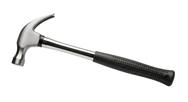 A silver hammer with a black handle resting on a black background on transparent background