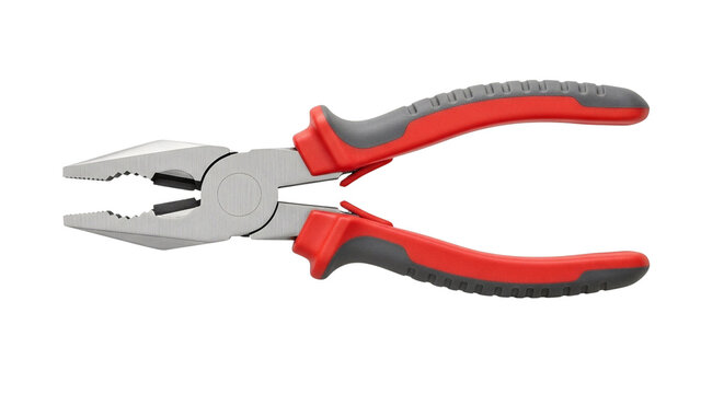 A pair of red and gray adjustable pliers resting on a reflective black surface on transparent background