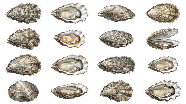 Collection of various oyster shells on white background, showcasing different shapes and textures of oyster shell
