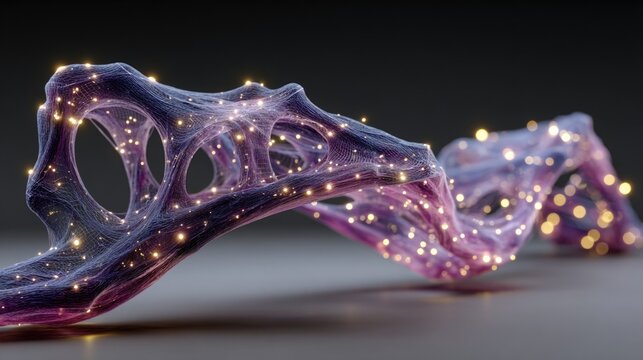 Abstract 3D rendering of a flexible biolayer patch with internal glowing violet light representing the real-time monitoring of air quality around the user to prevent respiratory issue