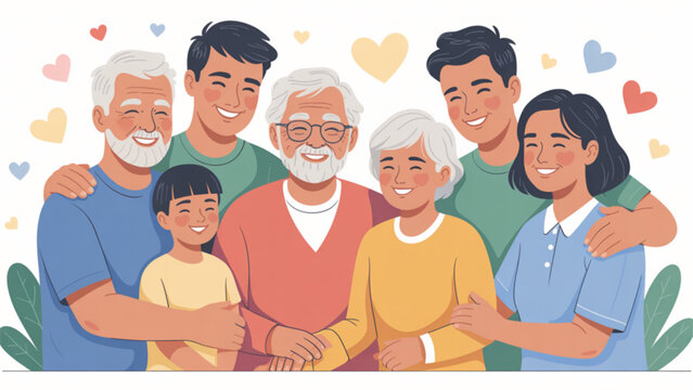 Happy multi-generational family hugging together