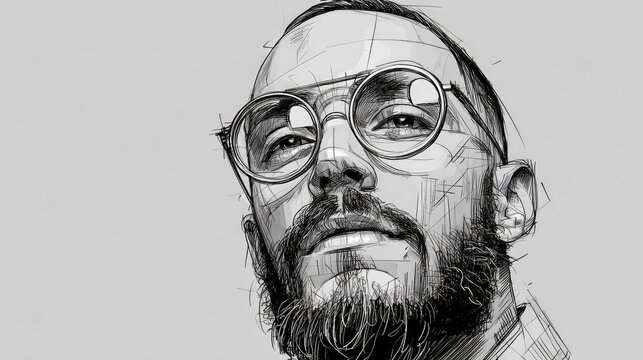 Sketch portrait emphasizes a man's facial features with round spectacles and a beard