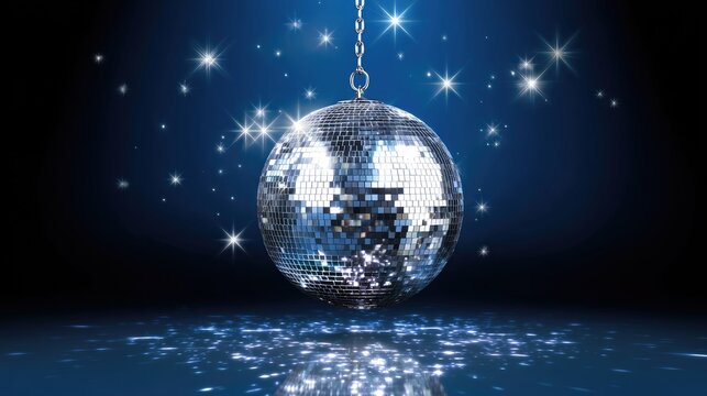 Sparkling disco ball suspended in a dark, starry room reflecting light